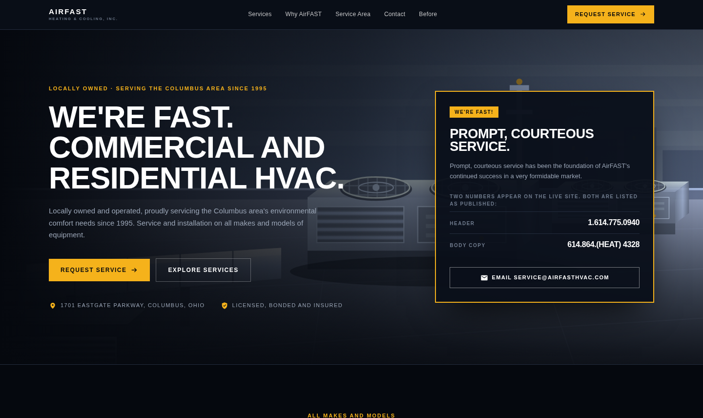 The rebuilt AirFAST Heating and Cooling homepage: dark layout, large headline, service cards, and both phone numbers in a card