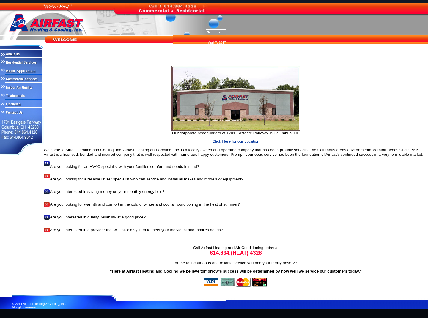 The AirFAST Heating and Cooling website as it is today: a 2000s table layout with sliced image headings and a fixed width column